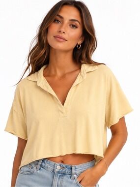Lanston Collared V-Neck Crop Top - Pale Yellow